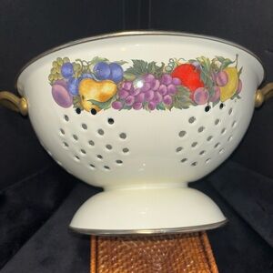 Vintage Fruit Pattern Metal 🤘 Colander with Gold Handles